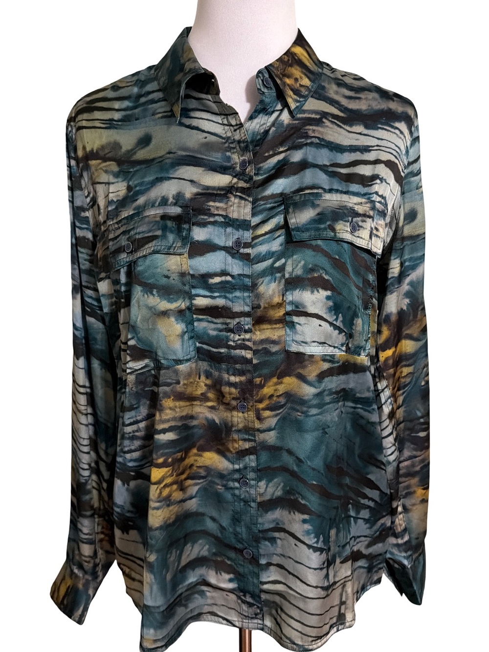 Guess Women's Button-Down Shirt - Teal, Black & Gold Wash